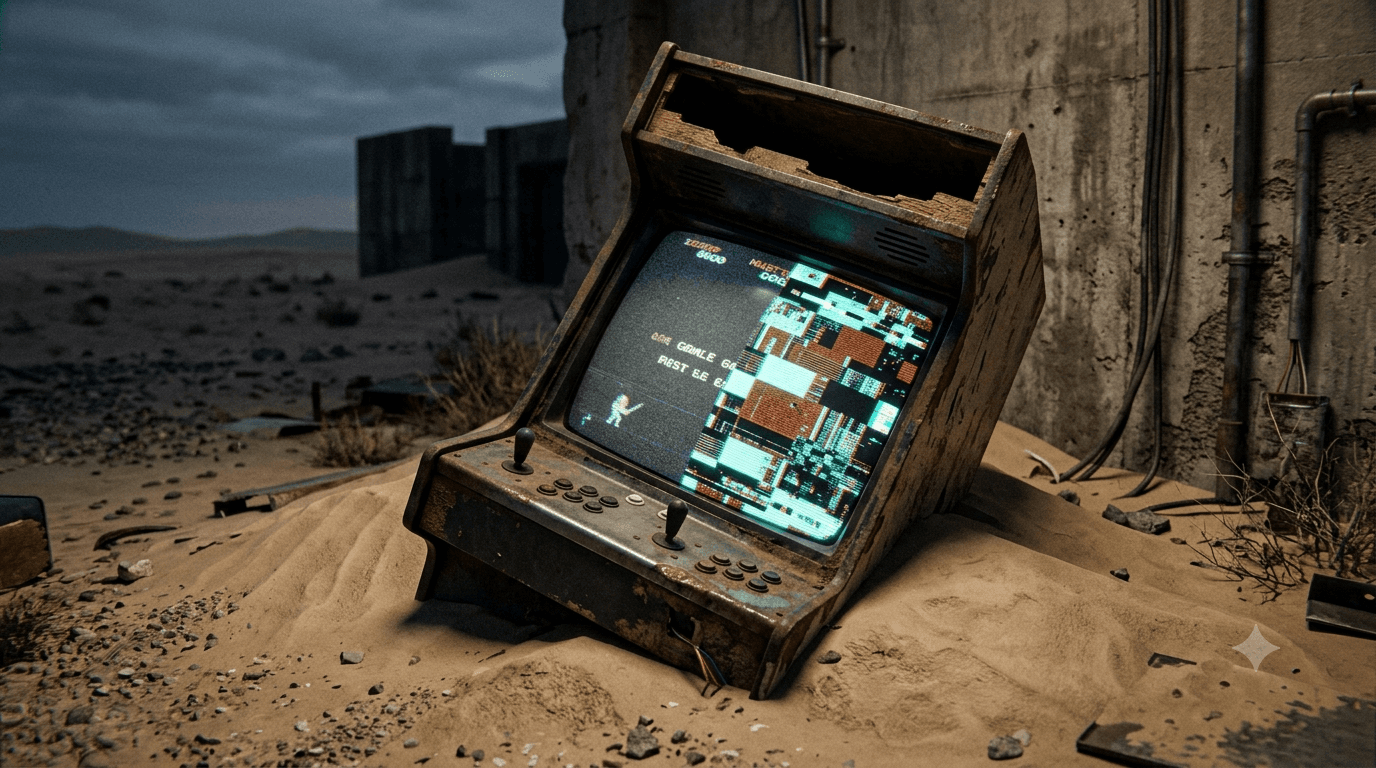 A wrecked arcade cabinet half-buried in desert sand, still lit, the right half of its screen dissolved into garbage tiles.