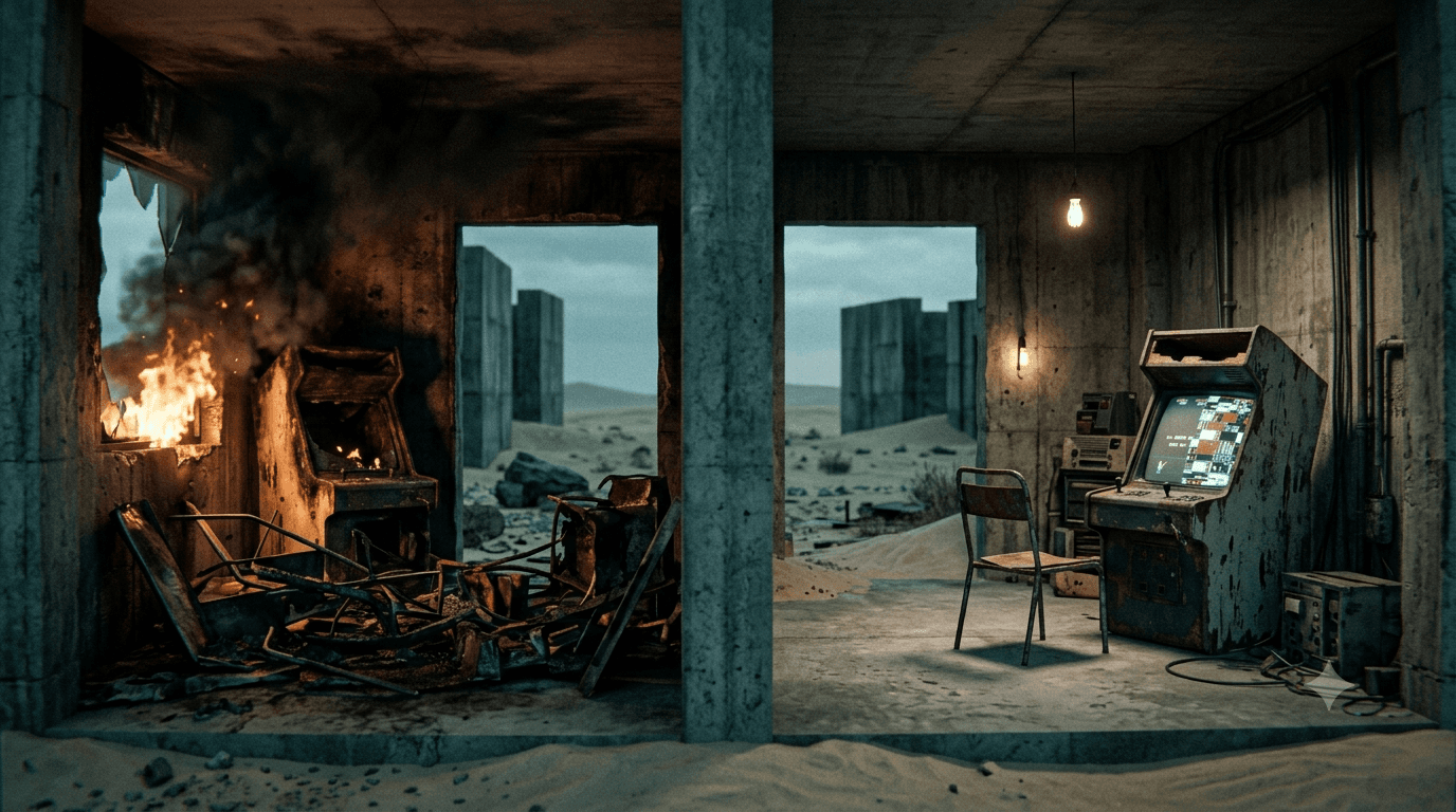 Two concrete rooms side by side: the left one gutted and burning, the right one intact with a chair pulled up to a working console.