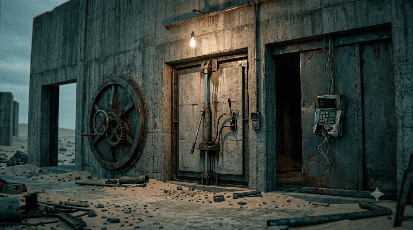 Three blast doors in a concrete wall, each with a different opening mechanism: a hand crank, a hydraulic ram, a hotwired keypad.