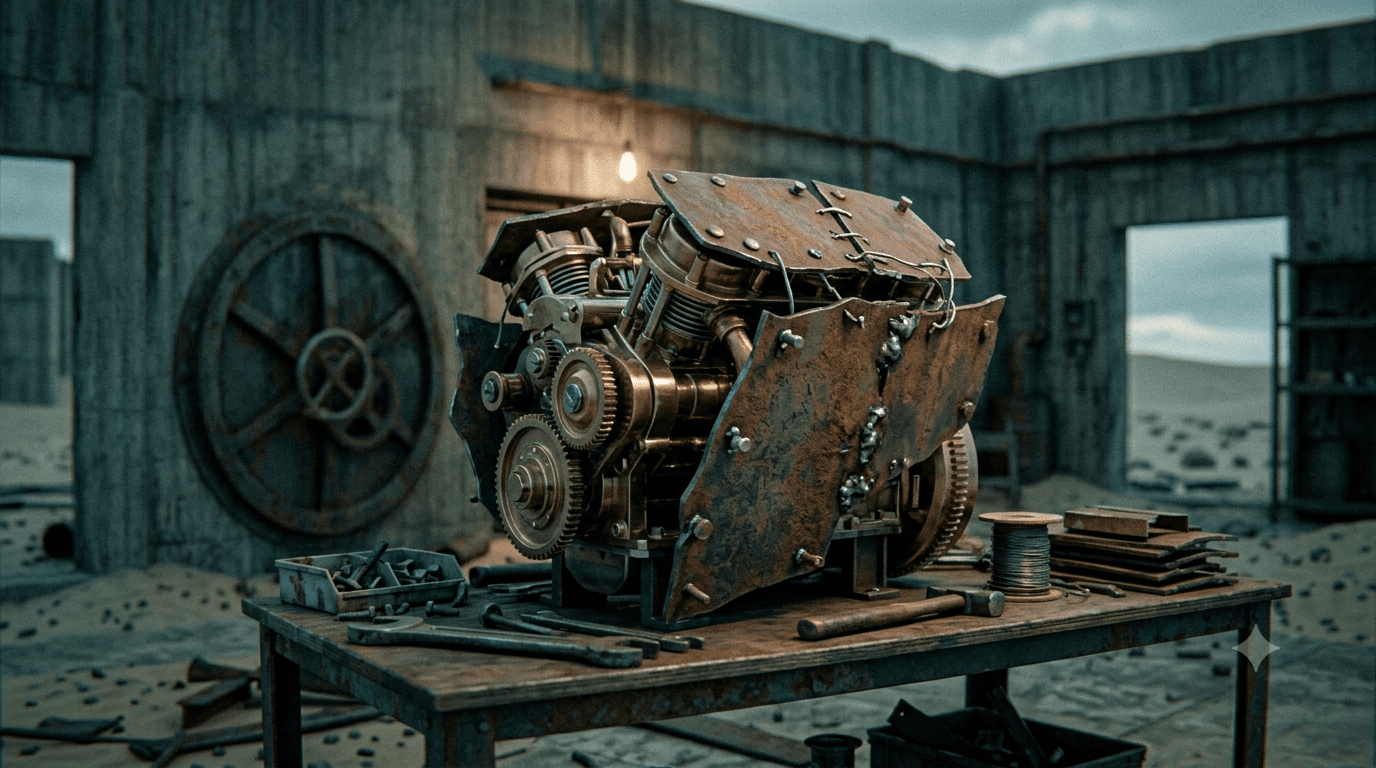 A precisely machined engine on a workbench with rusted armour plates crudely welded over it, one already peeling away.