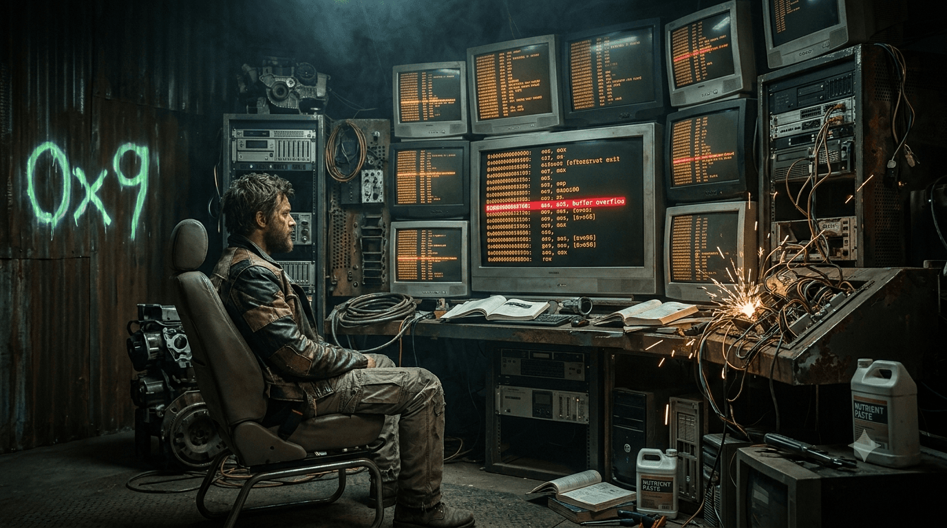 A figure in a worn leather jacket sits before a wall of CRT monitors showing hex dumps and disassembly in a workshop built from salvaged server racks.