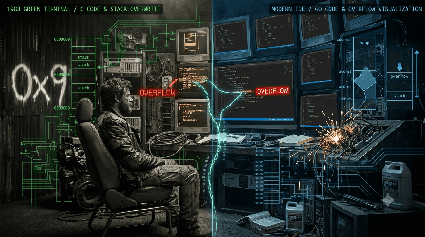 A split image: on the left a 1988 green-phosphor terminal with C code and a stack diagram being overwritten, on the right a modern dark-mode IDE with Go code and an overflow visualisation.