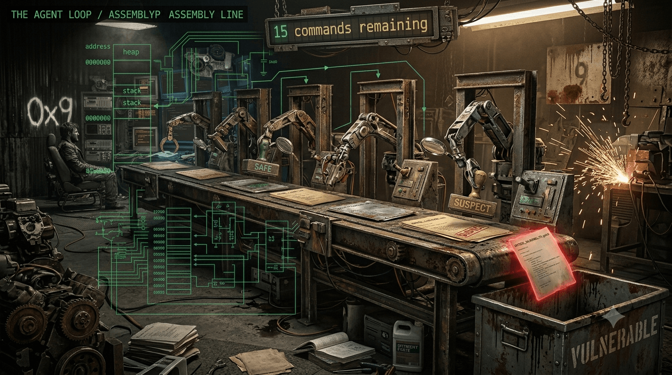 A conveyor belt in a scavenged workshop carries source files past robotic inspection arms that stamp each one, with a countdown display reading fifteen commands remaining.