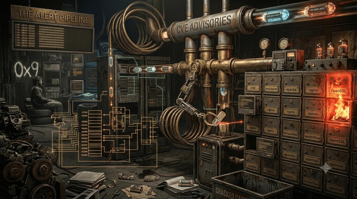 A retro-futuristic pneumatic tube system delivering glowing CVE advisory capsules into labelled repository mailboxes, one of which is on fire.