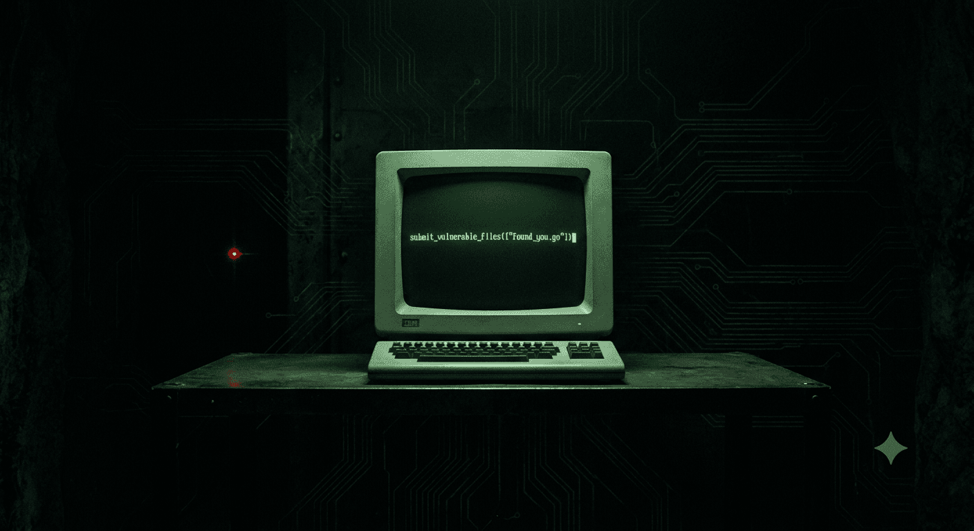 A single lit terminal in darkness showing a cursor blinking after a submit_vulnerable_files call, faint circuit traces visible in the background.